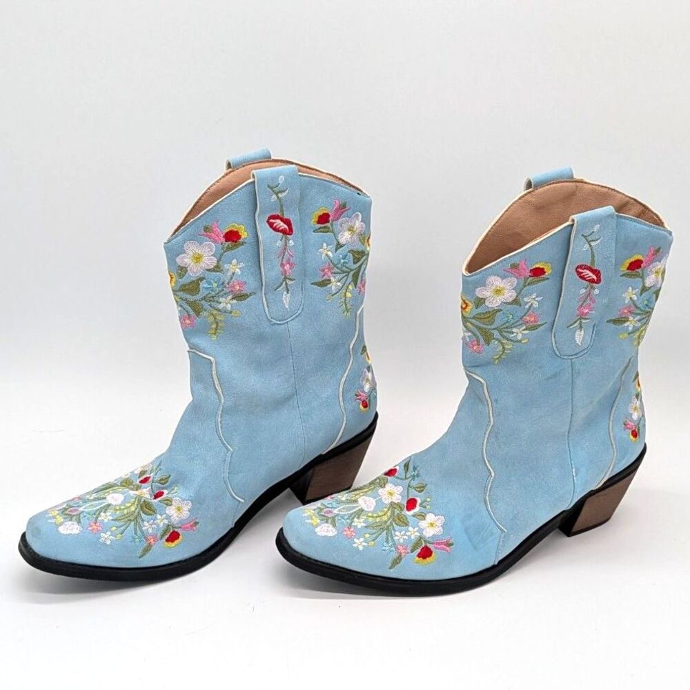 Women’s Blue Floral Embroidered Cowboy Cowgirl Boots Pointed Toe Western Boho - Picture 4 of 16